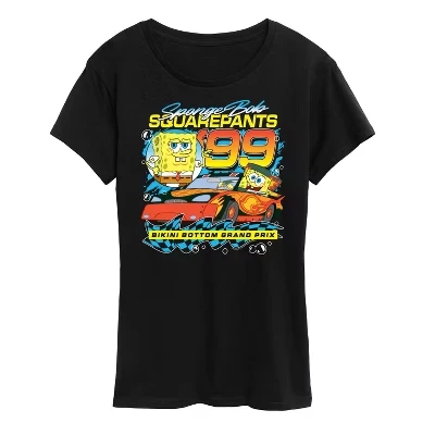 Женская футболка Bikini Bottom Grand Prix Race Car с коротким рукавом и графическим рисунком, черная