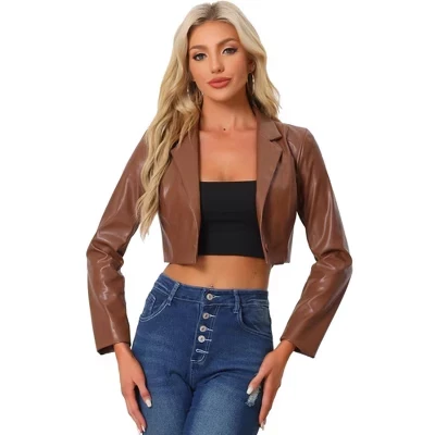 Женские укороченные куртки Moto из искусственной кожи с воротником-лацканом на одной пуговице коричневого цвета