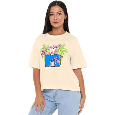 Женская укороченная футболка Mtv Spring Break Neon Palms Trees белого цвета с квадратным вырезом