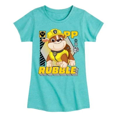 Приталенная футболка с коротким рукавом и рисунком для девочек - Paw Patrol - Rubble бирюзового цвета