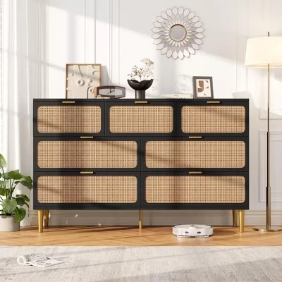 Высокий комод SunnyFurn с плетёными ящиками, чёрный
