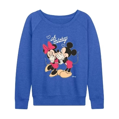 Женская легкая французская махровая рубашка Oh Mickey с широким вырезом и длинным рукавом с графическим рисунком heather royal blue