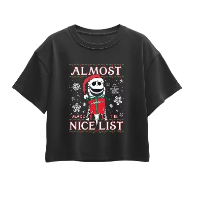Футболка для девочек - Кошмар перед Рождеством - Jack Nice List с коротким рукавом и квадратным рисунком, черная