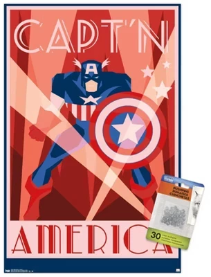 Комиксы Marvel - Капитан Америка - Настенный плакат без рамки в стиле ар-деко с прозрачными кнопками в комплекте