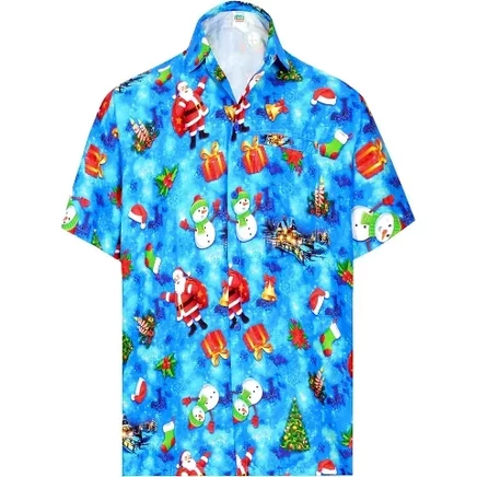Mens Beach Short Sleeve Funky Santa Claus Party Dress Shirt Holiday Christmas Tree Hawaiian Gifts shirts for Men 5XL Blue