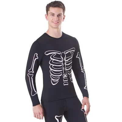 Мужские термо-топы, базовый слой, топ на флисовой подкладке, Рубашка Long John Underwear, без бирки, Утепленная для лыжного спорта на открытом воздухе и экстремальных холодов, Пижама в виде скелета (светится в темноте)