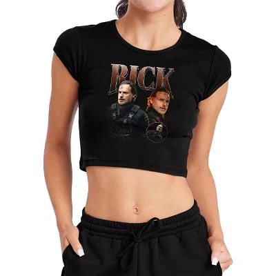 Women's The Walking Dead The Ones Who Lived Rick Homage Cap Sleeve Baby Rib Crop Top black