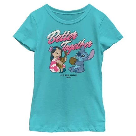 Футболка для девочек Lilo & Stitch better together, бирюзовая