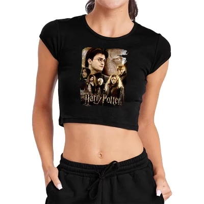 Women's  Worn Poster Cap Sleeve Baby Rib Crop Top black