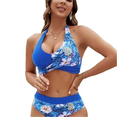 Womens Two Piece Swimsuits Wrap Front Bikini High Waisted Bottom Tummy Control Bathing Suits Color Block Swimwear blue