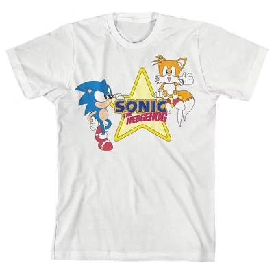 Sonic The Hedgehog Classic Bioworld Sonic Classic со звездой Тейлза и логотипом на белой молодежной футболке с коротким рукавом белого цвета