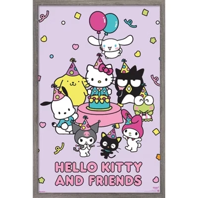 Hello Kitty и друзья: Празднование 2025 года - Настенный плакат в рамке для вечеринки с принтом barnwood