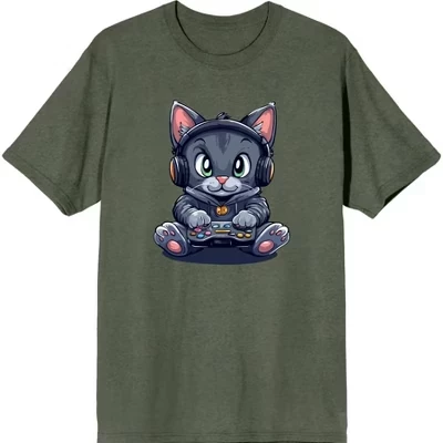 Футболка с коротким рукавом и круглым вырезом для взрослых Focused Gamer Cat зеленая