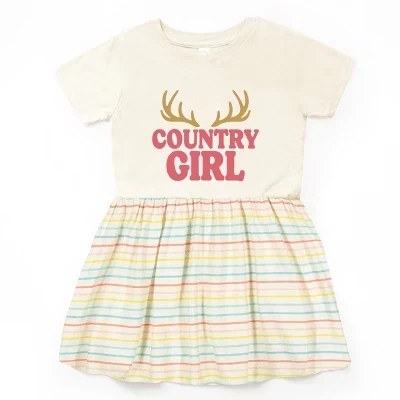 Пышное платье в натуральную полоску с принтом оленьих рогов для маленьких девочек в стиле кантри