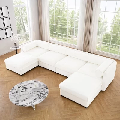 Секционный диван Morley Modern с обивкой из синели 142,5 дюйма и 2 пуфиками белого цвета