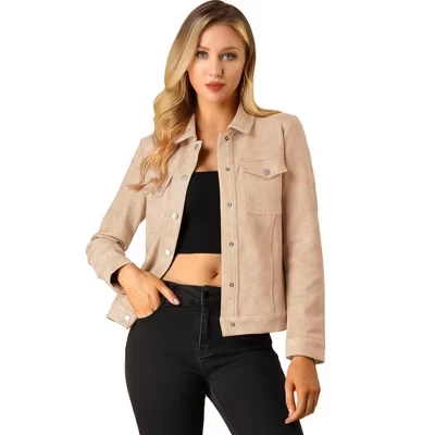 Women's Turn-Down Collar Flap Pockets Snap Button Faux Suede Jacket pink