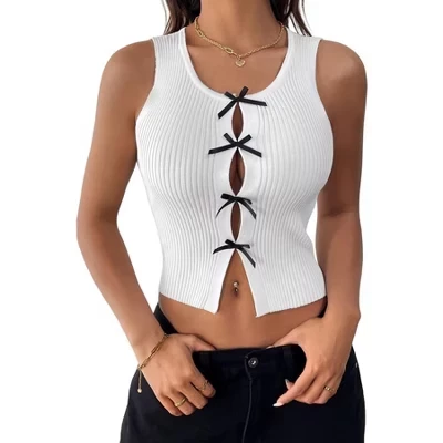 Женская майка Yesfashion в рубчик с бантом и вырезом, белая