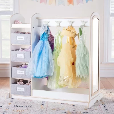 EdQ Dress Up Storage с ящиками: Детский деревянный шкаф-органайзер для костюмов, шкаф-купе и зеркало для детской комнаты и классной комнаты белого цвета