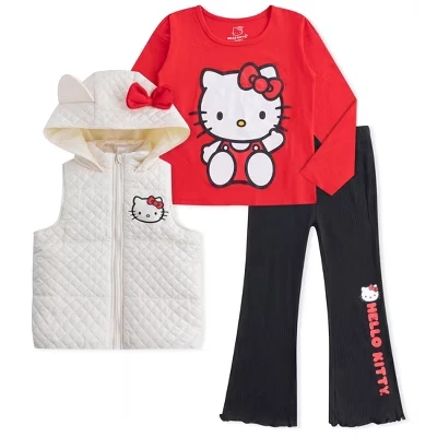 Комплект из 3 предметов для девочек Sanrio: рубашка с длинными рукавами, жилет с капюшоном и расклешенные брюки с ушками для больших детей красного цвета