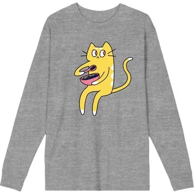 Взрослая футболка с длинным рукавом Derpy Kitty Cat с розовой миской серого цвета