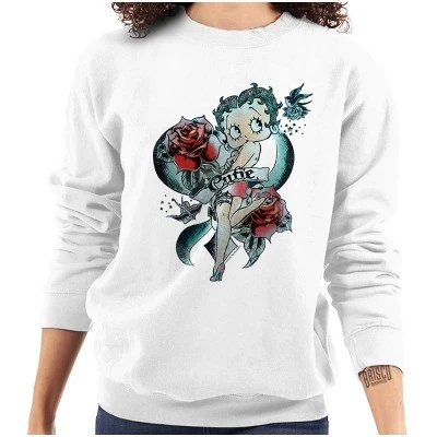 Женская толстовка с круглым вырезом и татуировкой Betty Boop Cartoon Cutie Tattoo лицензионного белого цвета