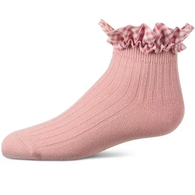 Носок на щиколотке Memoi Girls из хлопка в рубчик с оборками в насыщенную клетку, розовый