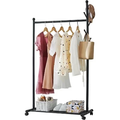 Clothes Rack, Garment Rack – Metal Clothing Rail with 5 Side Hooks Bottom Storage Shelf Lockable Wheels for Bedroom Hallway Clothing Stores black