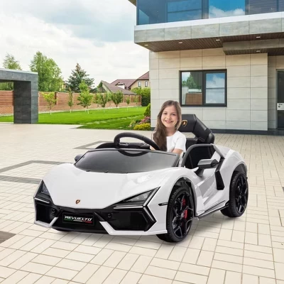 Детская поездка на автомобиле 12 В, Лицензионный Lamborghini Revuelto с дистанционным управлением, Игрушечный спортивный автомобиль на батарейках с двумя двигателями мощностью 25 Вт белого цвета