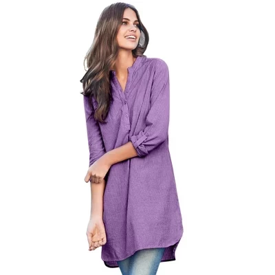 Туника Henley из 100% хлопка свободного кроя с закатанным рукавом Ellos длиной три четверти фиолетового цвета