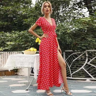 Womens Summer Casual Boho Dress Floral V Neck Short Sleeve Split Maxi Dress A-Line Flowy Party Wedding Guest Dresses red