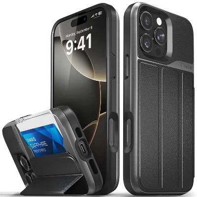 Чехол-портмоне vCommute для Apple iPhone 16 Pro Max, чехол с подставкой, кожаный держатель для карт [Защита от падения военного класса], Красно-черный