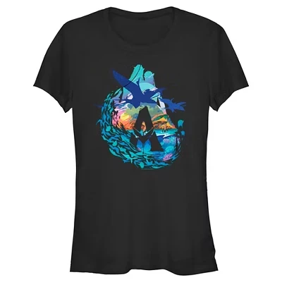 Женская футболка Juniors Womens : The Way of Water с великолепным силуэтом Леоноптерикса и живописным логотипом, черная