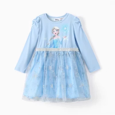 PATPAT Disney Frozen Elsa, Платье принцессы Золушки Ариэль для малышей, сетчатое тюлевое платье с длинными рукавами и рюшами