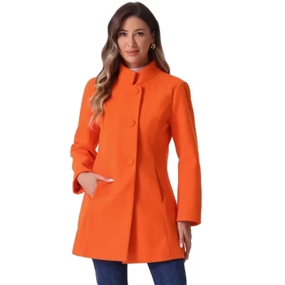 Women's Winter Stand Collar Single Breasted Mid-thigh Long Overcoat orange