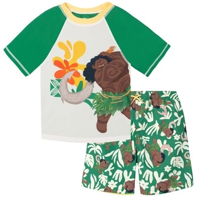 Реглан Rash Guard и плавки UPF 50+ Комплект одежды от Little Kid до Big Kid зеленый / белый, Мауи