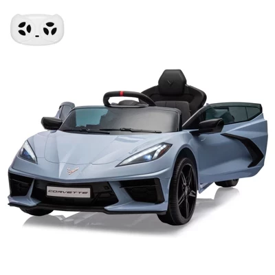 12-Вольтовый лицензионный детский автомобиль Corvette с дистанционным управлением, светодиодной подсветкой, музыкой, приборной панелью – Спортивный автомобиль для малышей на батарейках светло-голубого цвета