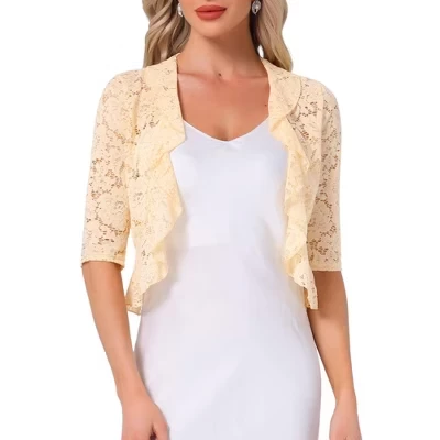 Женский кружевной кардиган Allegra K с рукавами 3/4, абрикосовый