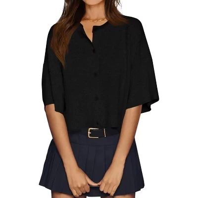 Lightweight Ribbed Knit Cardigan Summer Oversized Cropped Top Button Down Womens Half Sleeve black