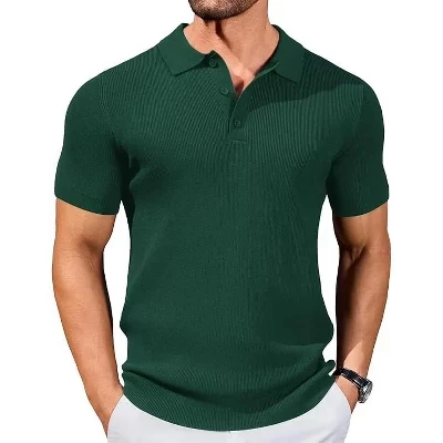 Мужские трикотажные рубашки поло Slim Fit, деловой легкий свитер поло, повседневная летняя футболка с ребристым текстурированным воротником зеленого цвета