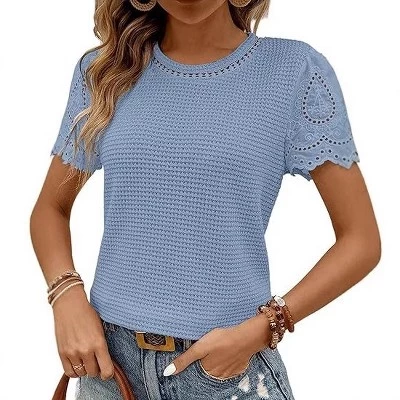 Женский топ Yesfashion вафельный с кружевом, синий