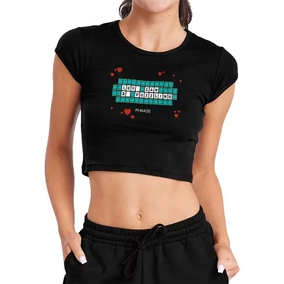 Women's Wheel of Fortune Love Can Be Puzzling Cap Sleeve Baby Rib Crop Top black