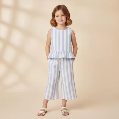 Комплект из органического топа и брюк с оборками - Blue Stripes синий