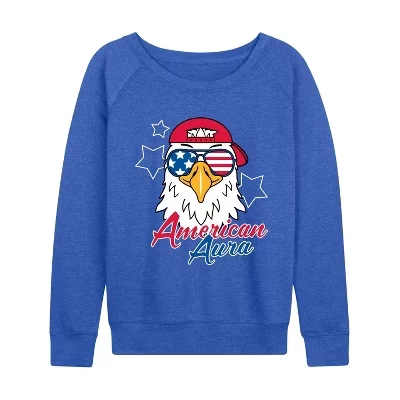 Женская рубашка American Aura Eagle из легкой французской махровой ткани с широким вырезом и длинным рукавом, синяя с графическим рисунком.
