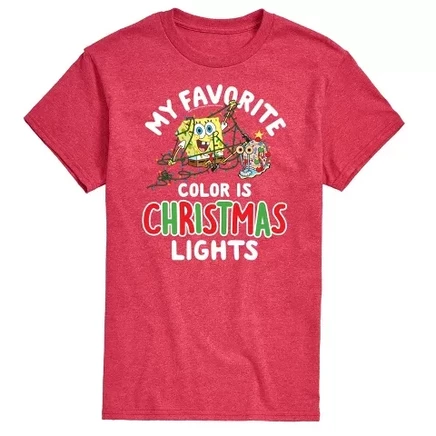 Men's -  - My Favorite Color Is Christmas Lights Spongebob and Gary Short Sleeve Graphic T-Shirt heather red