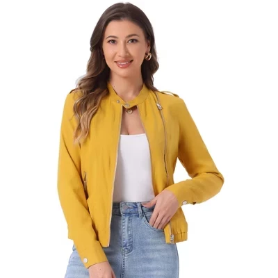 Women's Stand Collar Zip Up Biker Lightweight Moto Jacket yellow
