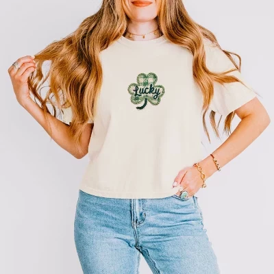 Принт из пряжи Lucky Clover - женская укороченная футболка свободного кроя с графическим принтом