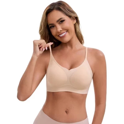 Women's V-Neck Wireless Lift-Up Adjustable Spaghetti Straps Soft Lightweight Seamless Bralette beige