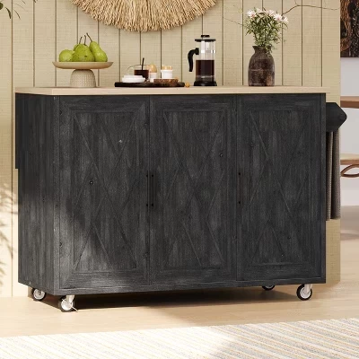 Rolling Black Drop Leaf Wood Tabletop 51 in. Kitchen Island Cart with Internal Storage Rack, Adjustable Shelves black