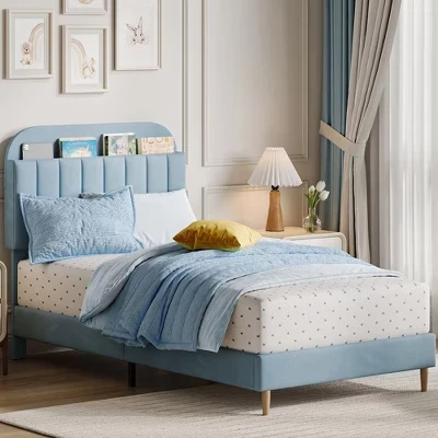 Каркасы кроватей Twin/Twin xl/Full, Каркас кровати на платформе с бархатной обивкой и изголовьем книжного шкафа, Прочные стальные опорные ножки, Простая сборка, Бесшумный синий цвет