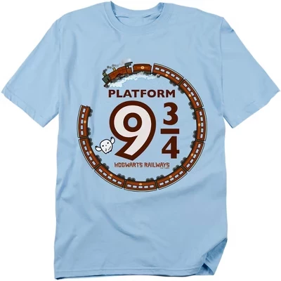 Футболка для взрослых Platform 9 34 Hogwart Railways светло-голубая